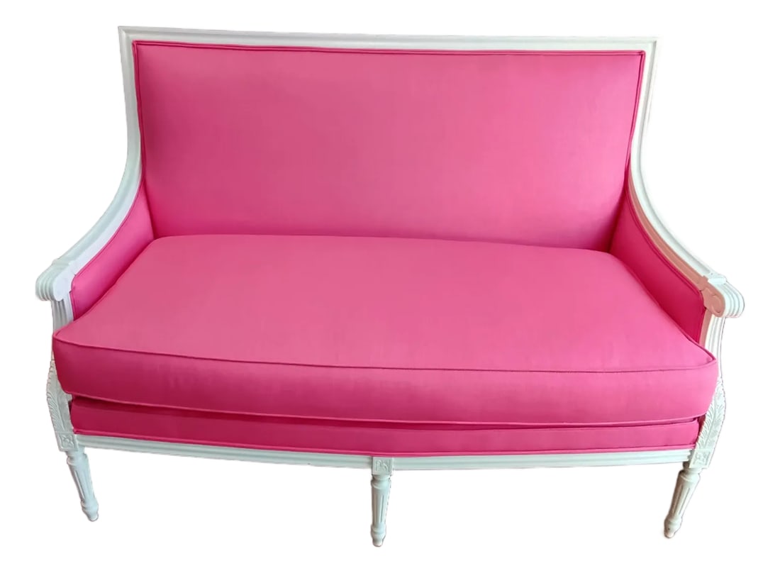 Wesley Hall French Style Settee: This Wesley Hall Settee is amazing. The frame finish is a high gloss white. The fabric is Lee Jofa Flamingo. I would not say it's hot pink, but rather hot pinky coral. It is also all weather fabric.