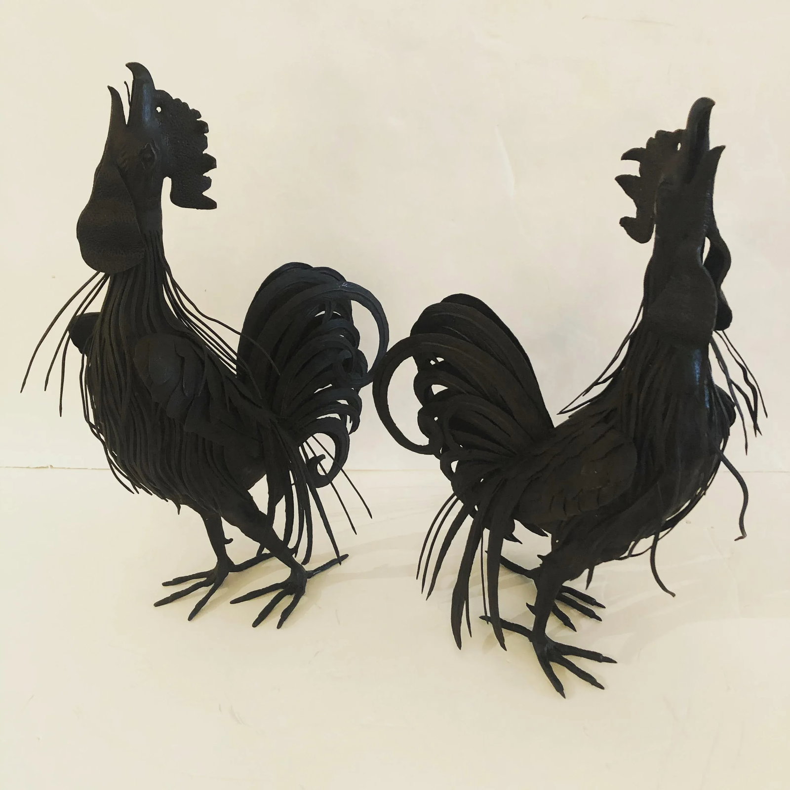 Hand Forged Iron Rooster Sculptures -A Pair - 12