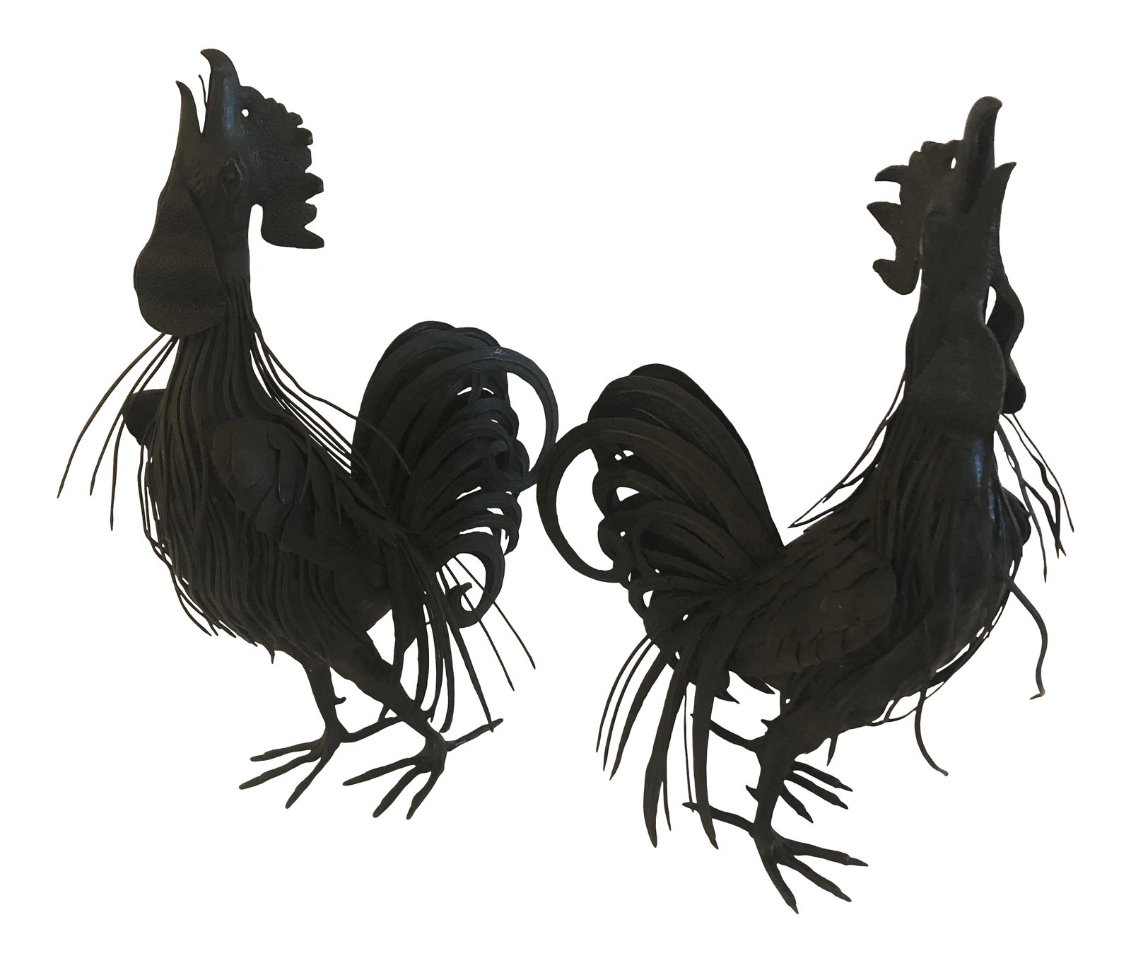 Hand Forged Iron Rooster Sculptures -A Pair: A fabulous pair of vintage hand forged black iron rooster sculptures having terrific details and crowing poses. Condition: Alterations: Original Condition Unaltered Imperfections: Some Imperfections