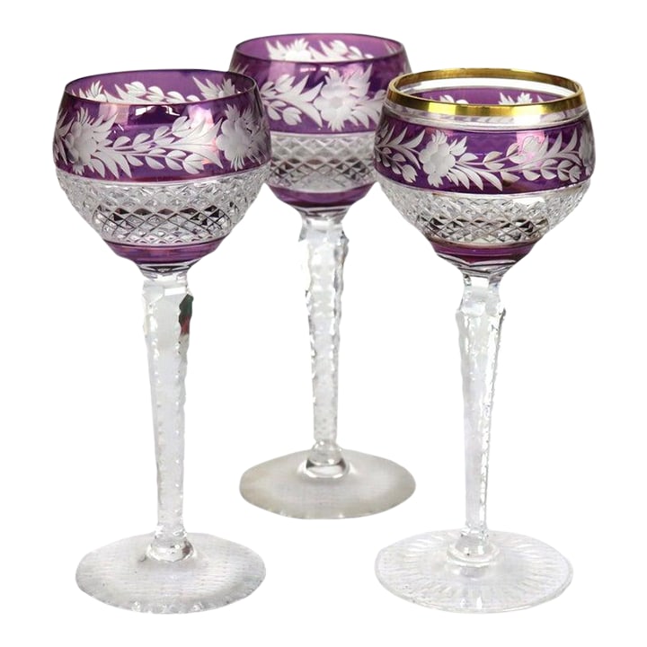Antique Bohemian Amethyst Floral Cut to Clear Crystal Stemmed Wine Goblets - Set of 3: Three Antique Bohemian Amethyst Floral Cut To Clear Crystal Stemmed Wine Goblets C1910 Measures - 8 1/8" x 3 3/8" x 3 3/8" Bohemian cut-to-clear glass is a traditional, high-quality craft from the Cze