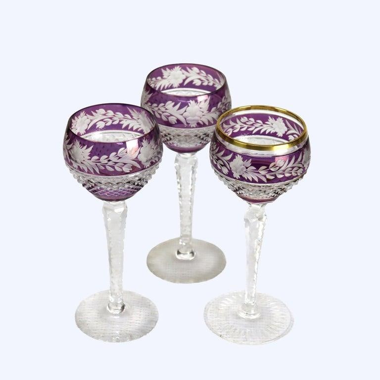 Antique Bohemian Amethyst Floral Cut to Clear Crystal Stemmed Wine Goblets - Set of 3 - 2