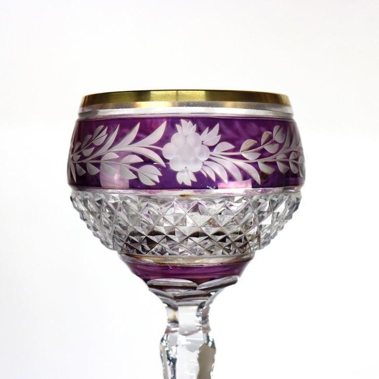 Antique Bohemian Amethyst Floral Cut to Clear Crystal Stemmed Wine Goblets - Set of 3 - 3