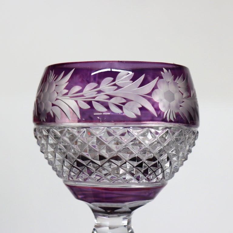 Antique Bohemian Amethyst Floral Cut to Clear Crystal Stemmed Wine Goblets - Set of 3 - 4