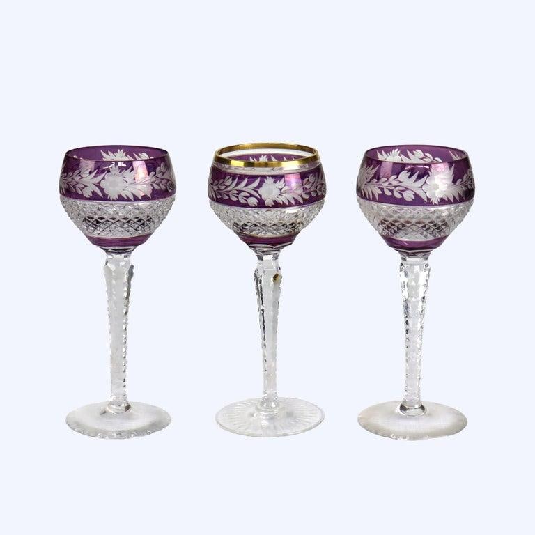 Antique Bohemian Amethyst Floral Cut to Clear Crystal Stemmed Wine Goblets - Set of 3 - 6