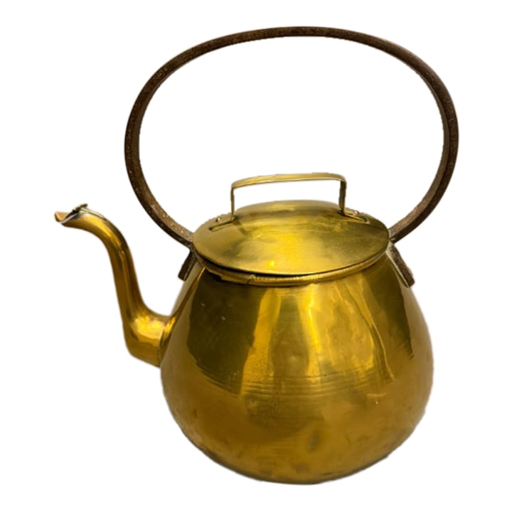 18th Century French Brass Teapot With Wrought Iron Handle, Circa 1790: 18th century French brass teapot, circa 1790, featuring a classic form and sturdy construction characteristic of the period. The teapot is fitted with a robust hand-riveted wrought iron handle and a h