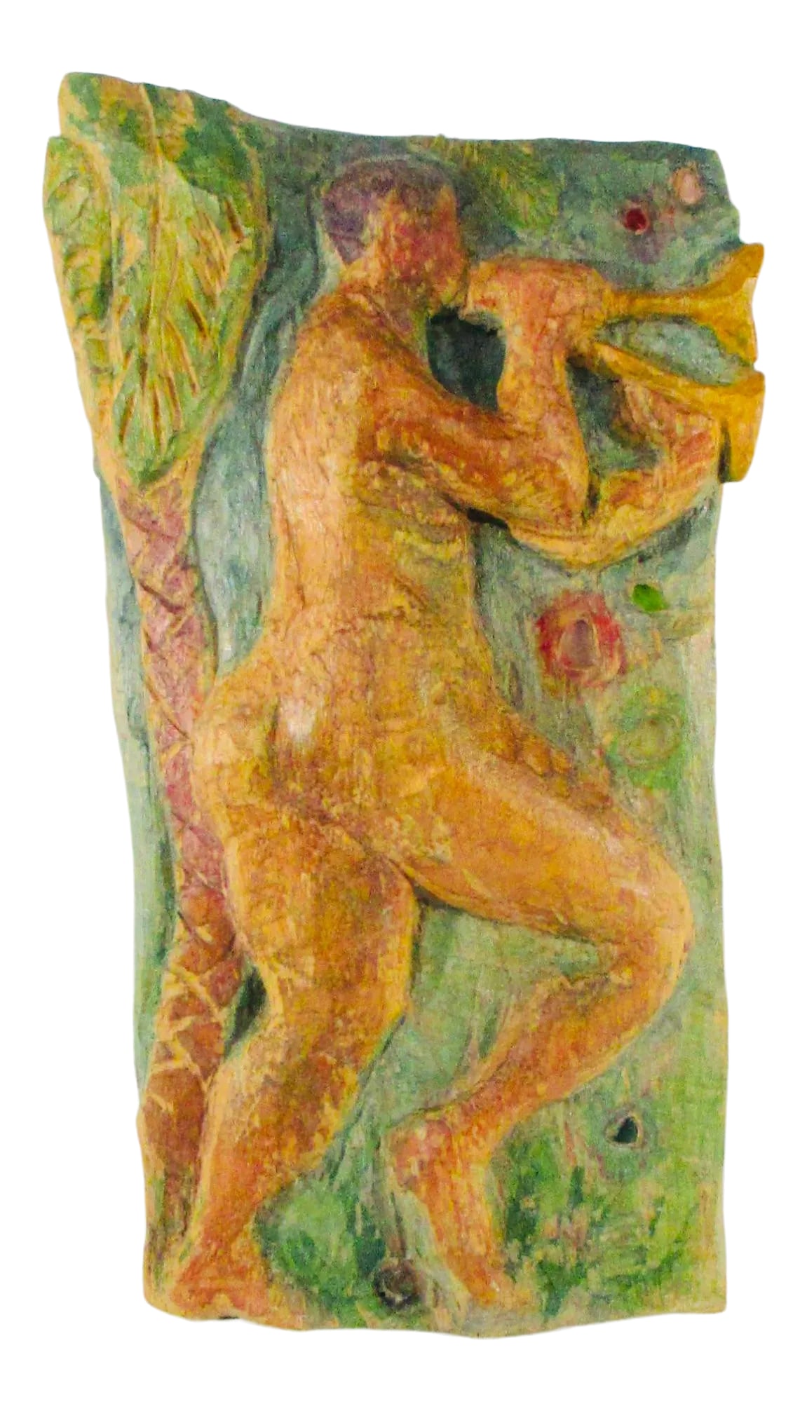 1980s Robert Huber Abstract Figurative Bas-Relief Wood Carving: Robert Huber, an American artist living and working in Venice. Rough-hewn solid wood panel with a carved figure of Pan and his Pipes. Polychromed with inset-colored glass or stone pebbles. Waxed and