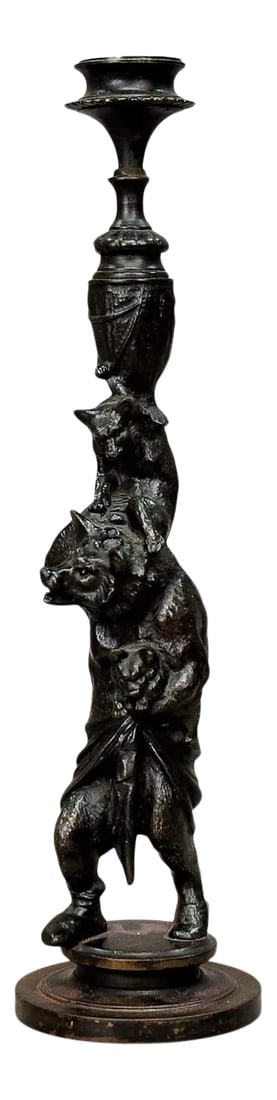 1860s Victorian Casted Iron Candle Stick With Bears: Victorian Casted Iron Candle Stick with Bears A great Victorian casted iron candle stick, Germany circa 1860. It is depicting a mother bear holding one cub in her left paw and another one on her back.