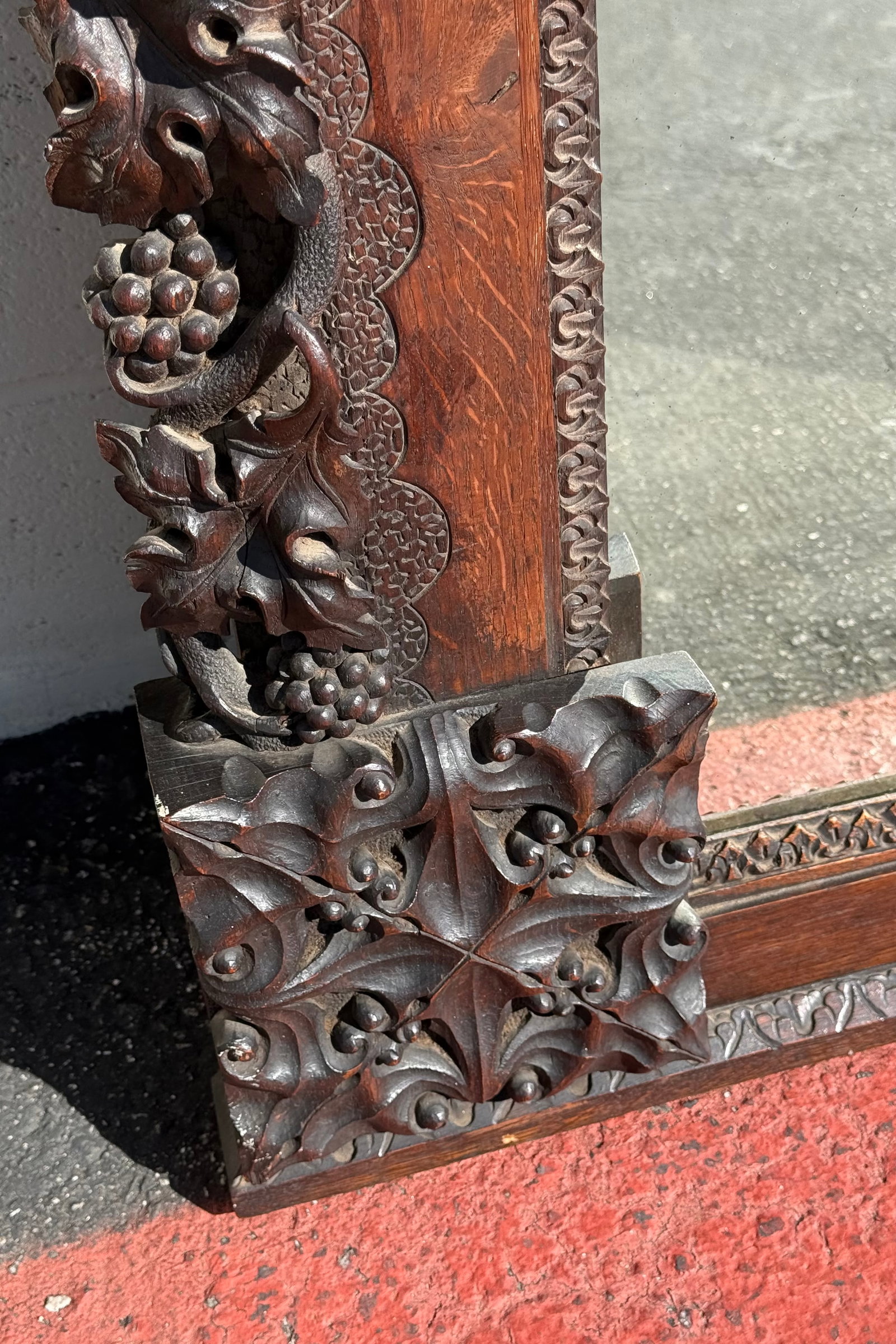 Large Antique Hand-Carved Oak Black Forest Style Figural Wall Mirror - 12