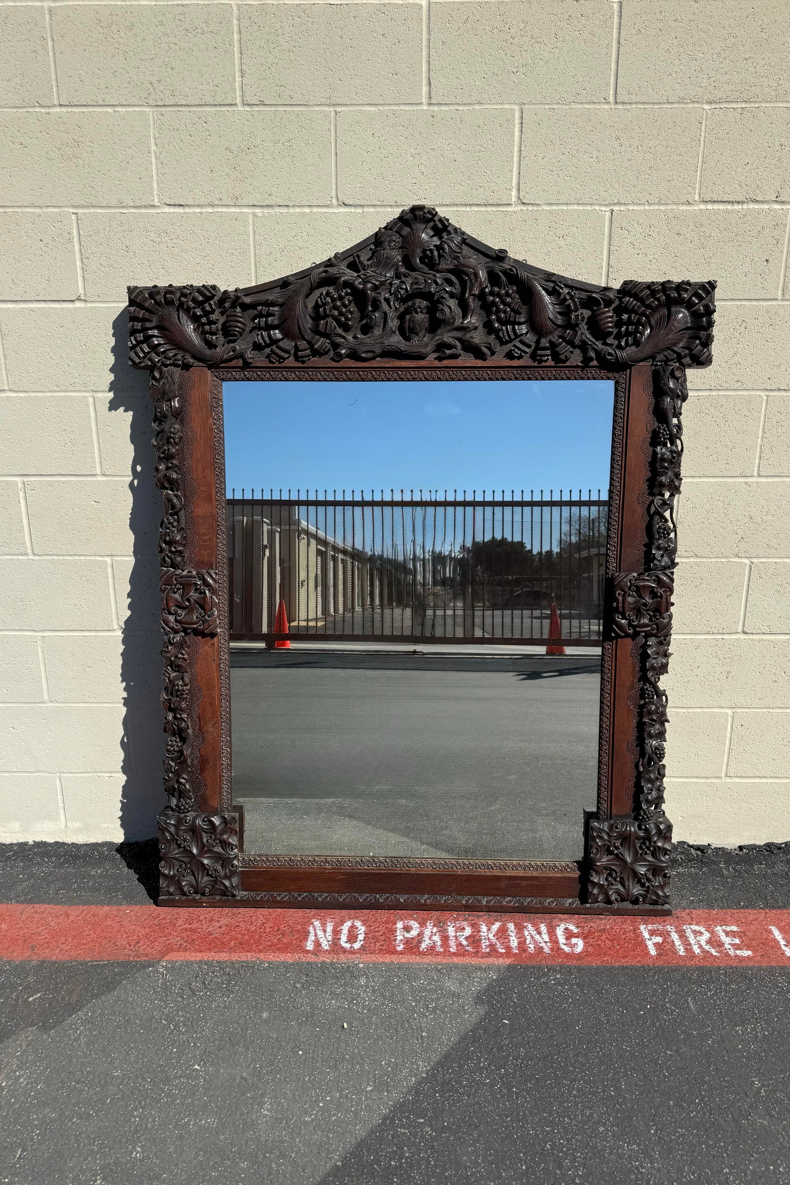 Large Antique Hand-Carved Oak Black Forest Style Figural Wall Mirror - 2