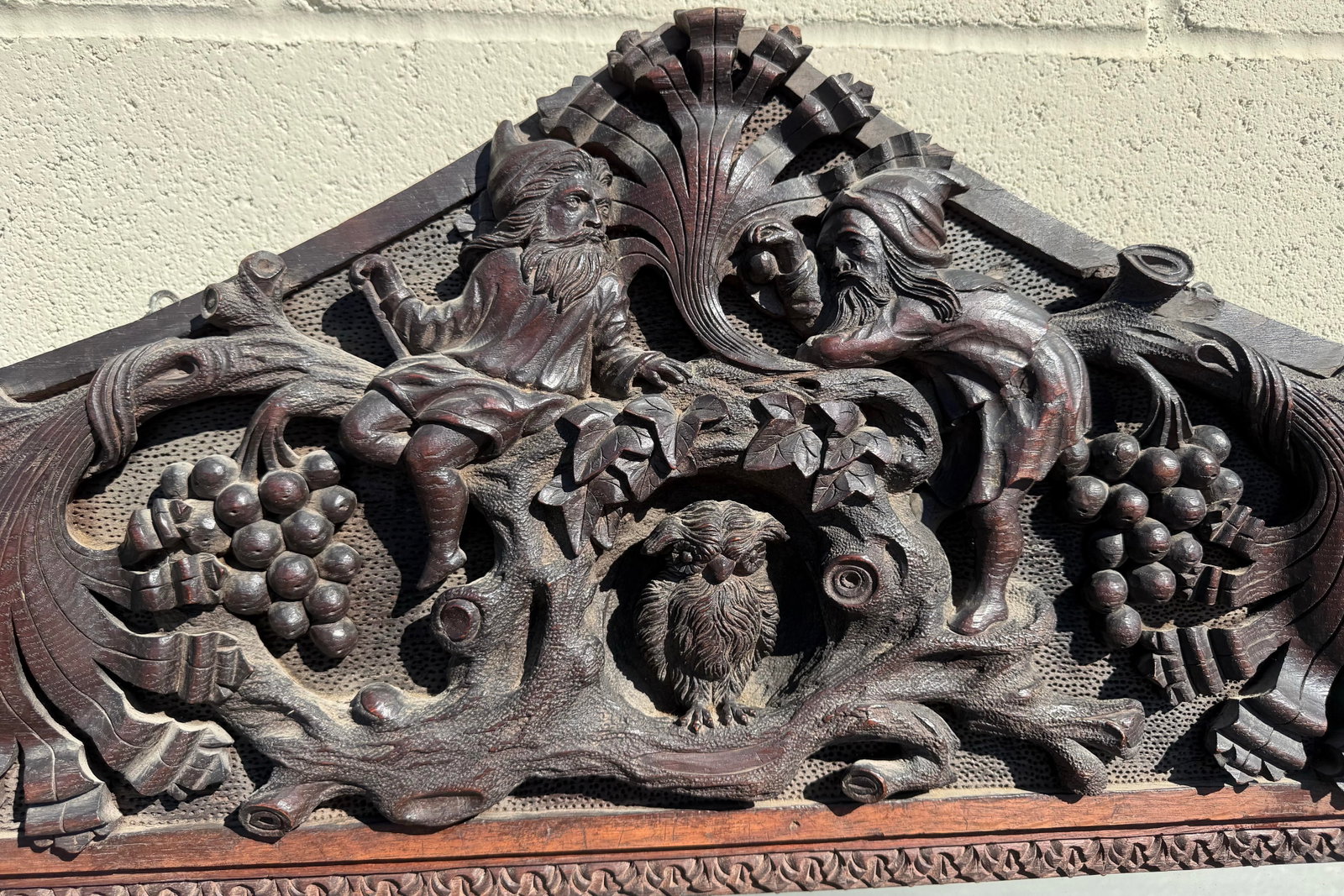 Large Antique Hand-Carved Oak Black Forest Style Figural Wall Mirror - 4