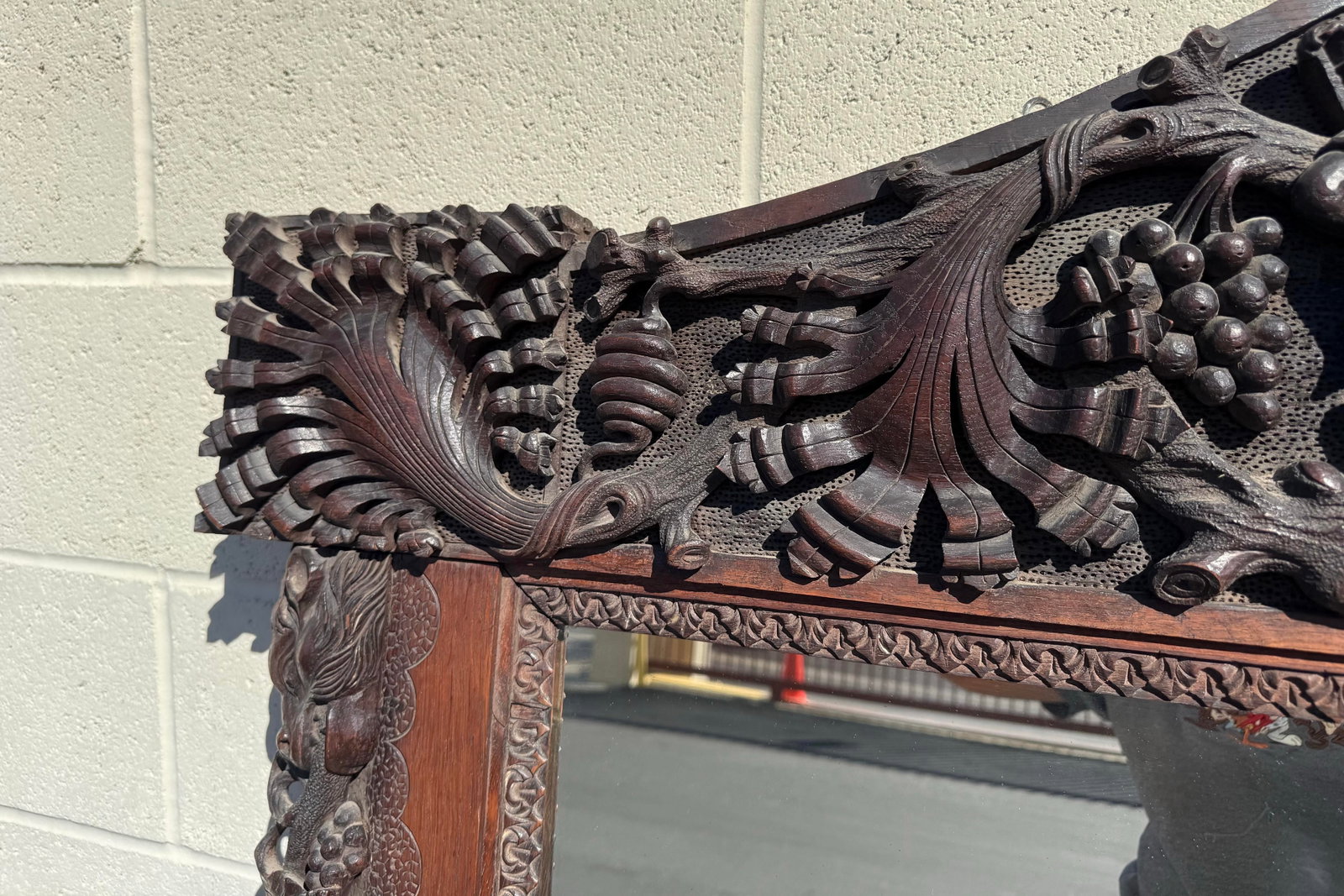 Large Antique Hand-Carved Oak Black Forest Style Figural Wall Mirror - 5