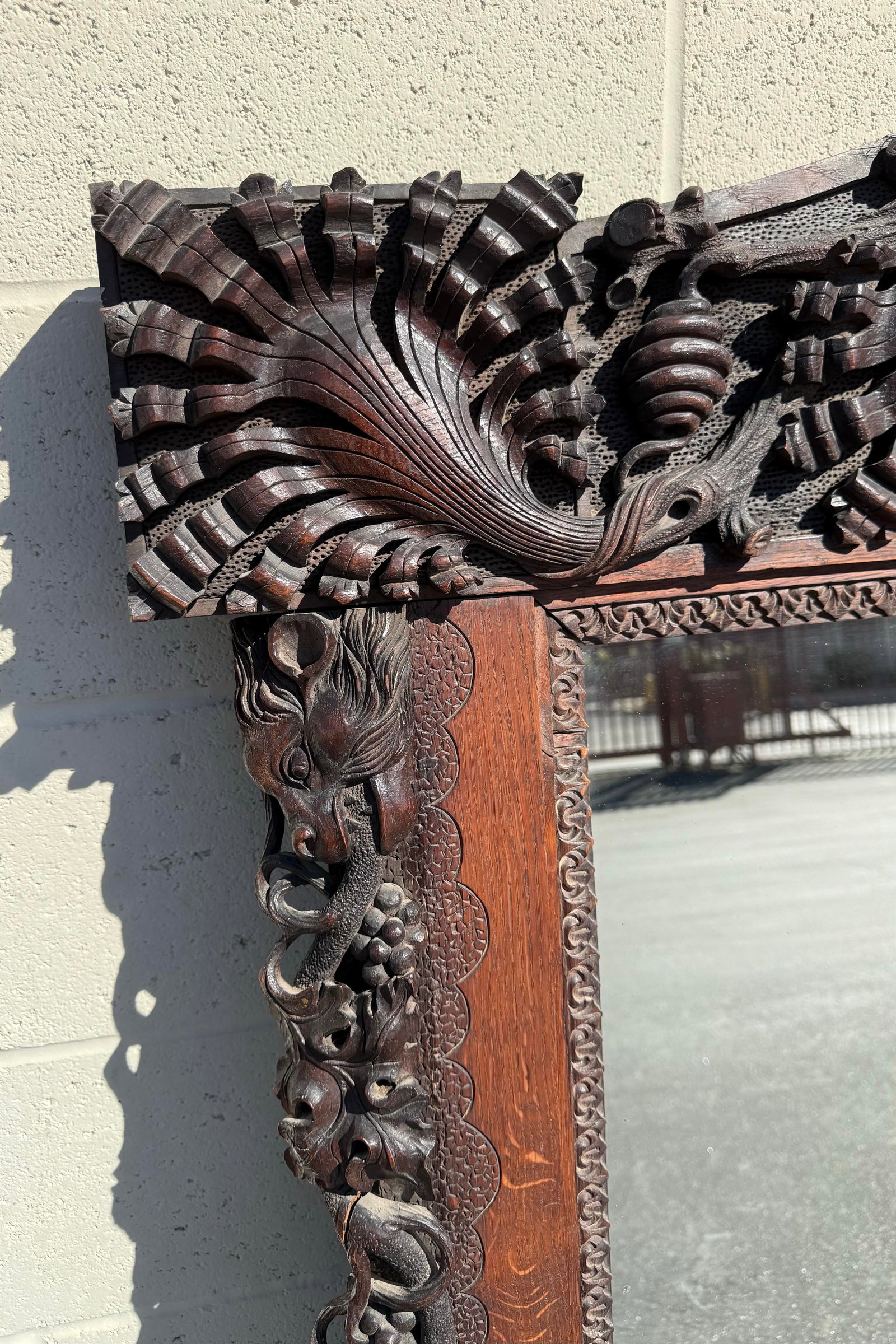 Large Antique Hand-Carved Oak Black Forest Style Figural Wall Mirror - 7
