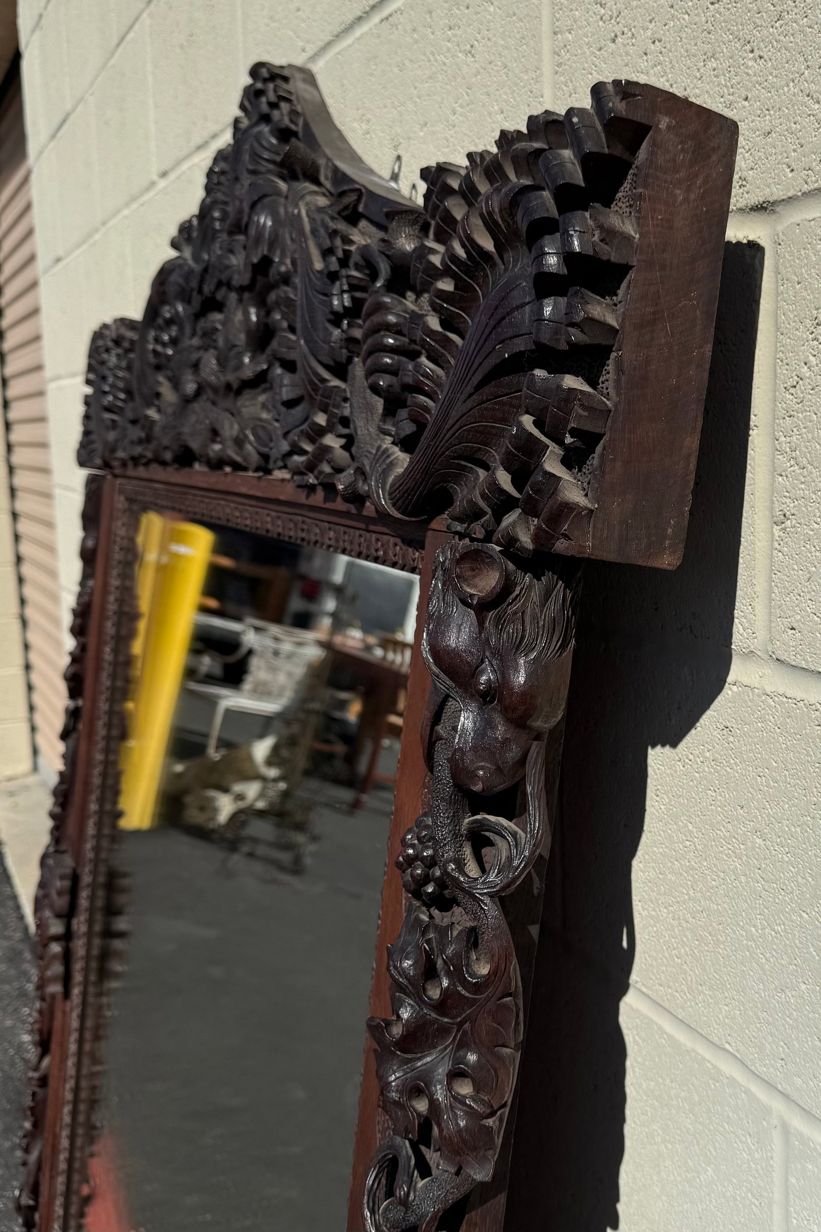 Large Antique Hand-Carved Oak Black Forest Style Figural Wall Mirror - 9