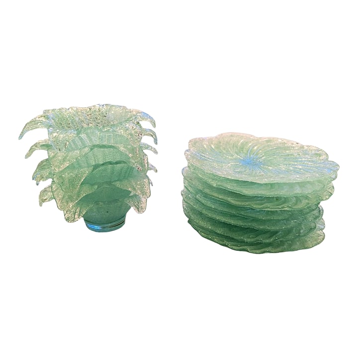 Murano "Fratelli Toso" Sea Foam Green Glass 7 Salad Plates and 5 Petal Shaped Fruit Bowls: Fratelli Toso is one of the oldest glass factories of Murano, with a catalog of work spanning over 150 years. Founded in 1854 by six brothers of the Toso family, they opened in the wake of a period of