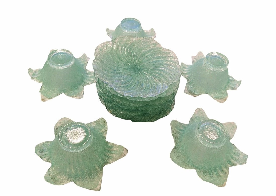 Murano "Fratelli Toso" Sea Foam Green Glass 7 Salad Plates and 5 Petal Shaped Fruit Bowls - 2