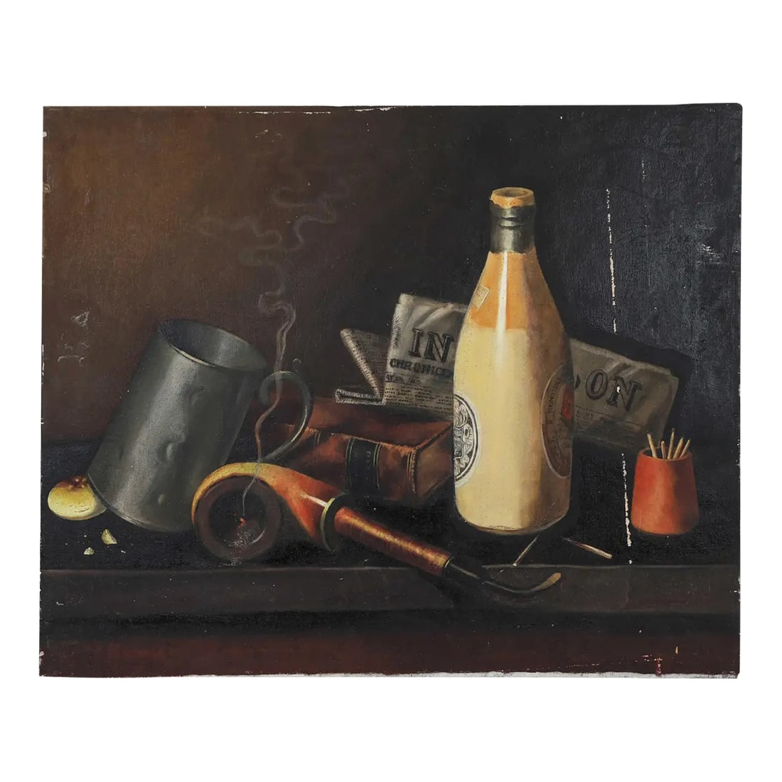 Pipe, Stein, Bottle, and Matches Still Life Painting: A still life featuring an assemblage of items, most likely items belonging to a man at the time: a pipe, a stein, a beer bottle and some matches. The colors chosen are also lean toward the masculine: