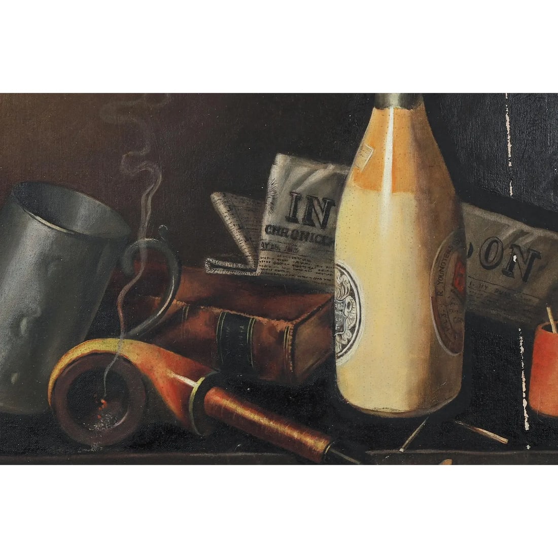 Pipe, Stein, Bottle, and Matches Still Life Painting - 3