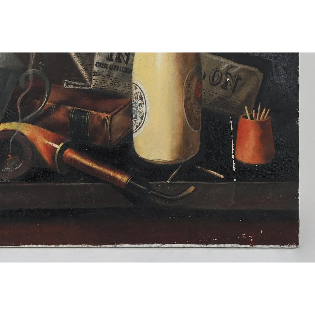 Pipe, Stein, Bottle, and Matches Still Life Painting - 4