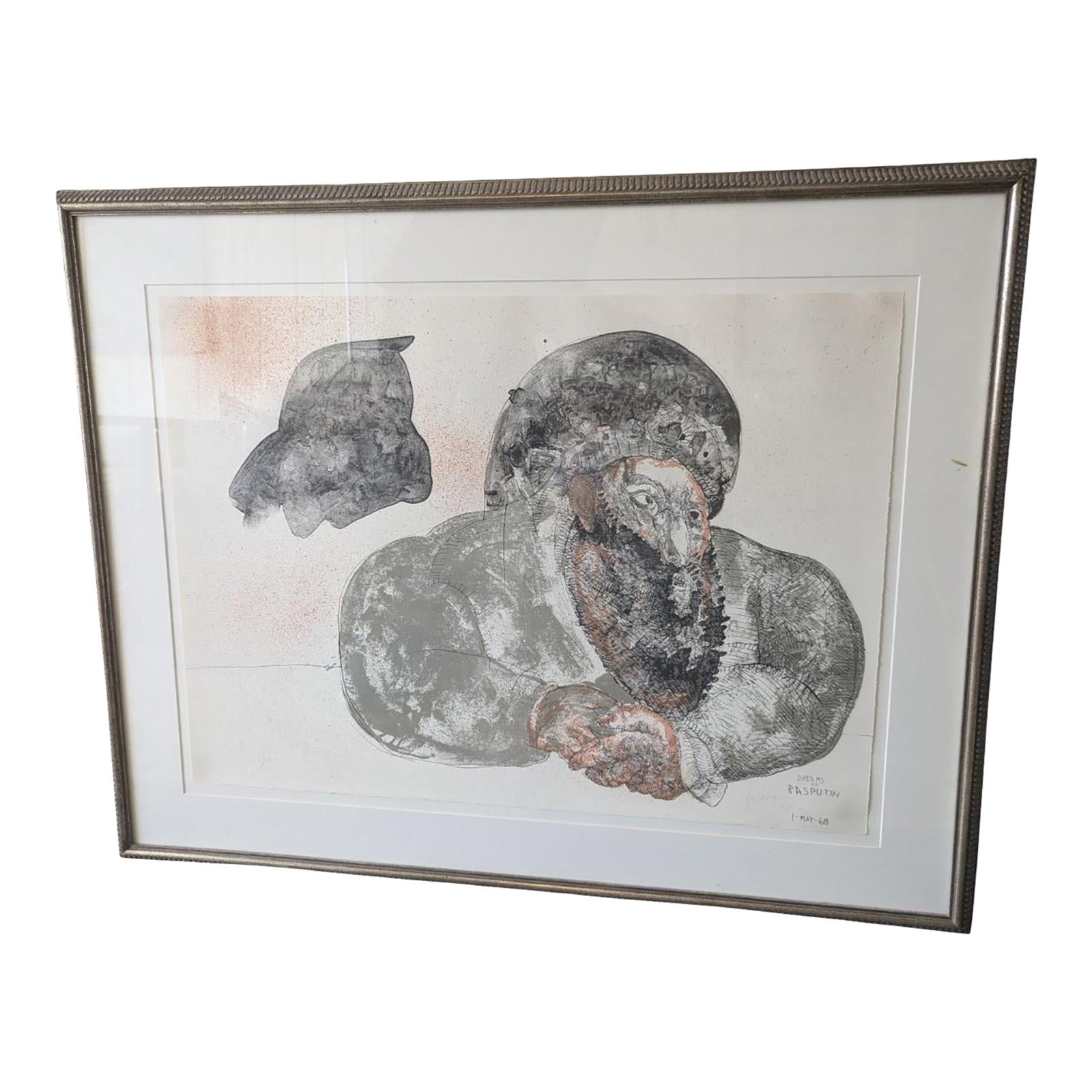 Hand Signed by José Luis Cuevas 1968 Color Lithograph "Dreams of Rasputin" #2/100: This piece features an exaggerated, expressionist illustration of Grigori Rasputin with a furrowed brow and a large, textured beard. It is part of his portfolio titled "Crime by Cuevas". Cuevas was a 