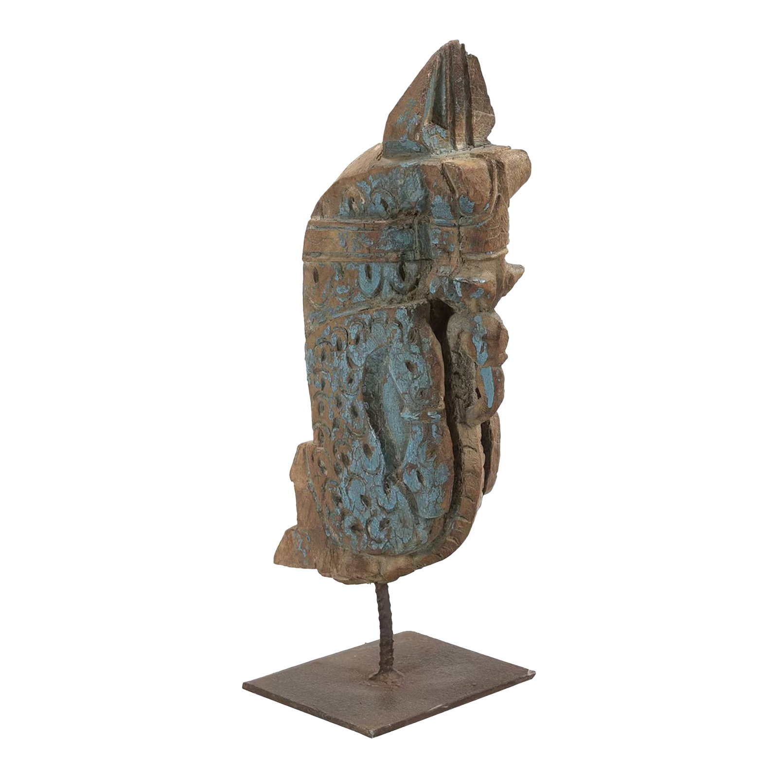 Antique Wooden Horse Head Statue on Metal Base | Hand Carved Architectural Corbel for Western Home D: Note: Blue distress - available Natural distress- sold Capture the spirit of the open range and the timeless beauty of the equine form with this breath taking Antique Wooden Horse Head Statue on