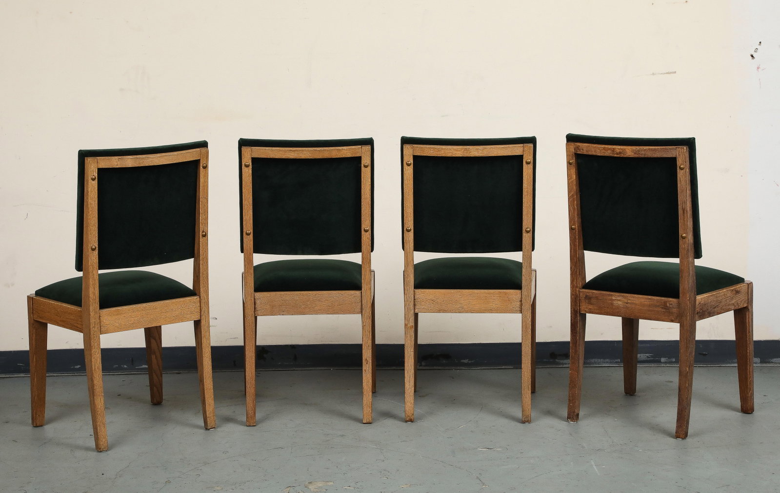Set of Eight French Oak Dining Chairs in Forest Green Cotton Velvet, C. 1945 - 10