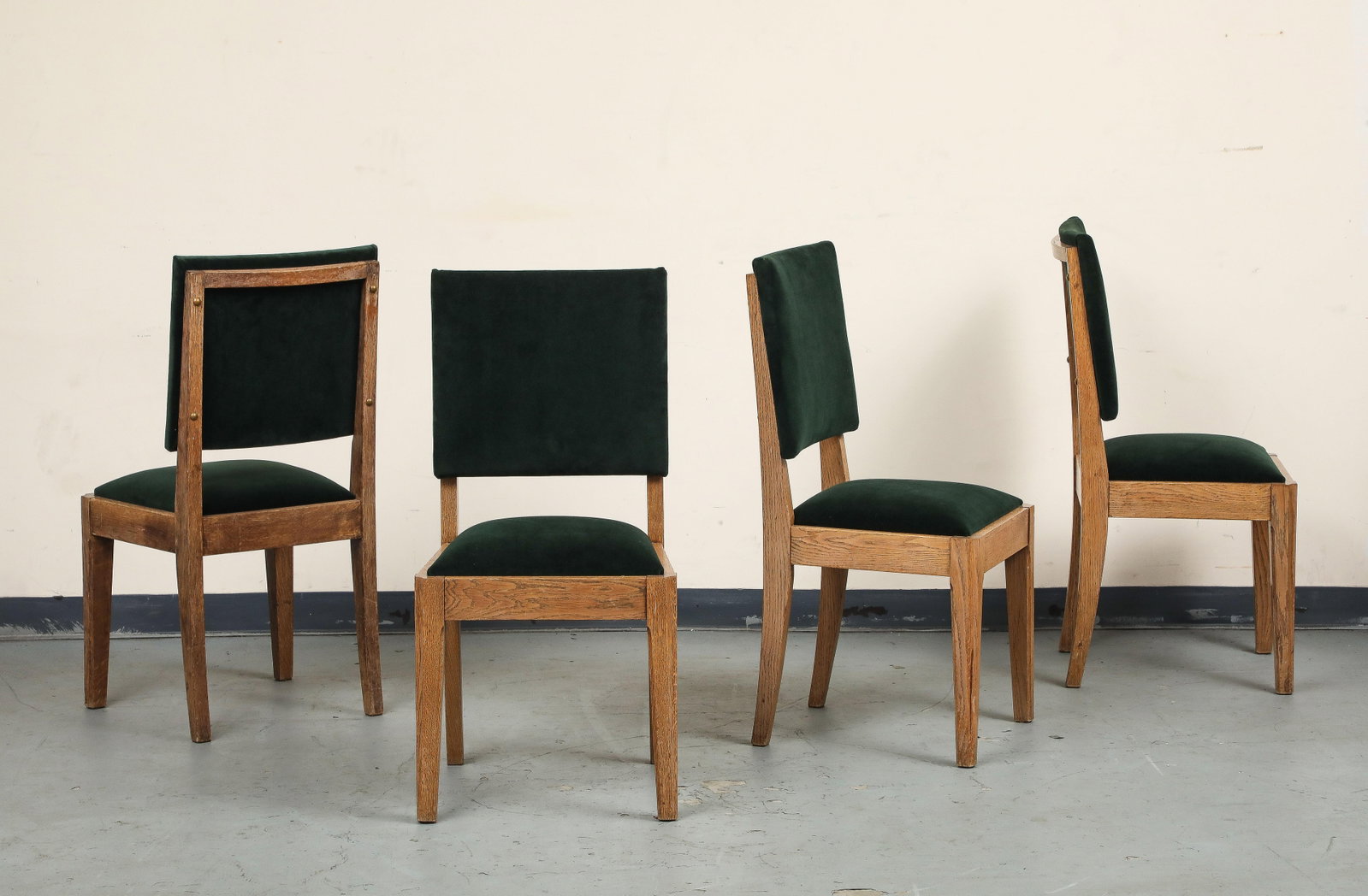 Set of Eight French Oak Dining Chairs in Forest Green Cotton Velvet, C. 1945 - 12