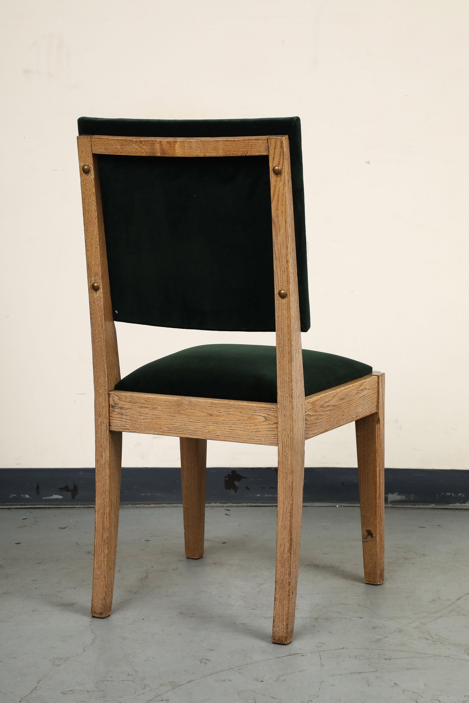 Set of Eight French Oak Dining Chairs in Forest Green Cotton Velvet, C. 1945 - 13