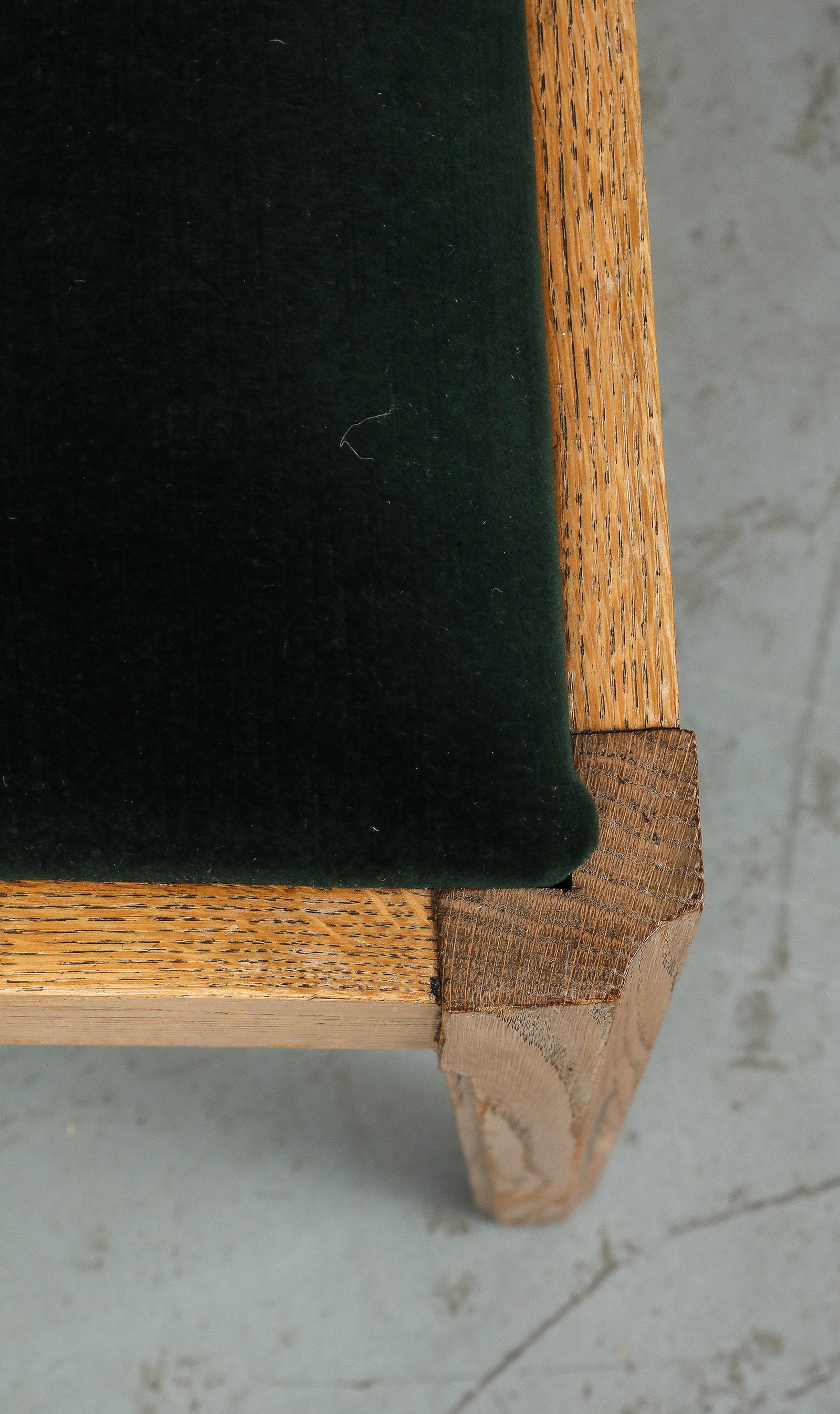Set of Eight French Oak Dining Chairs in Forest Green Cotton Velvet, C. 1945 - 15