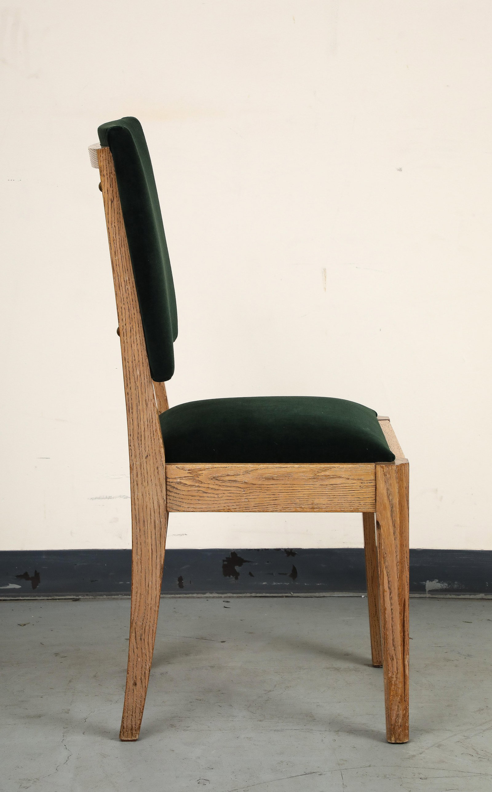 Set of Eight French Oak Dining Chairs in Forest Green Cotton Velvet, C. 1945 - 16