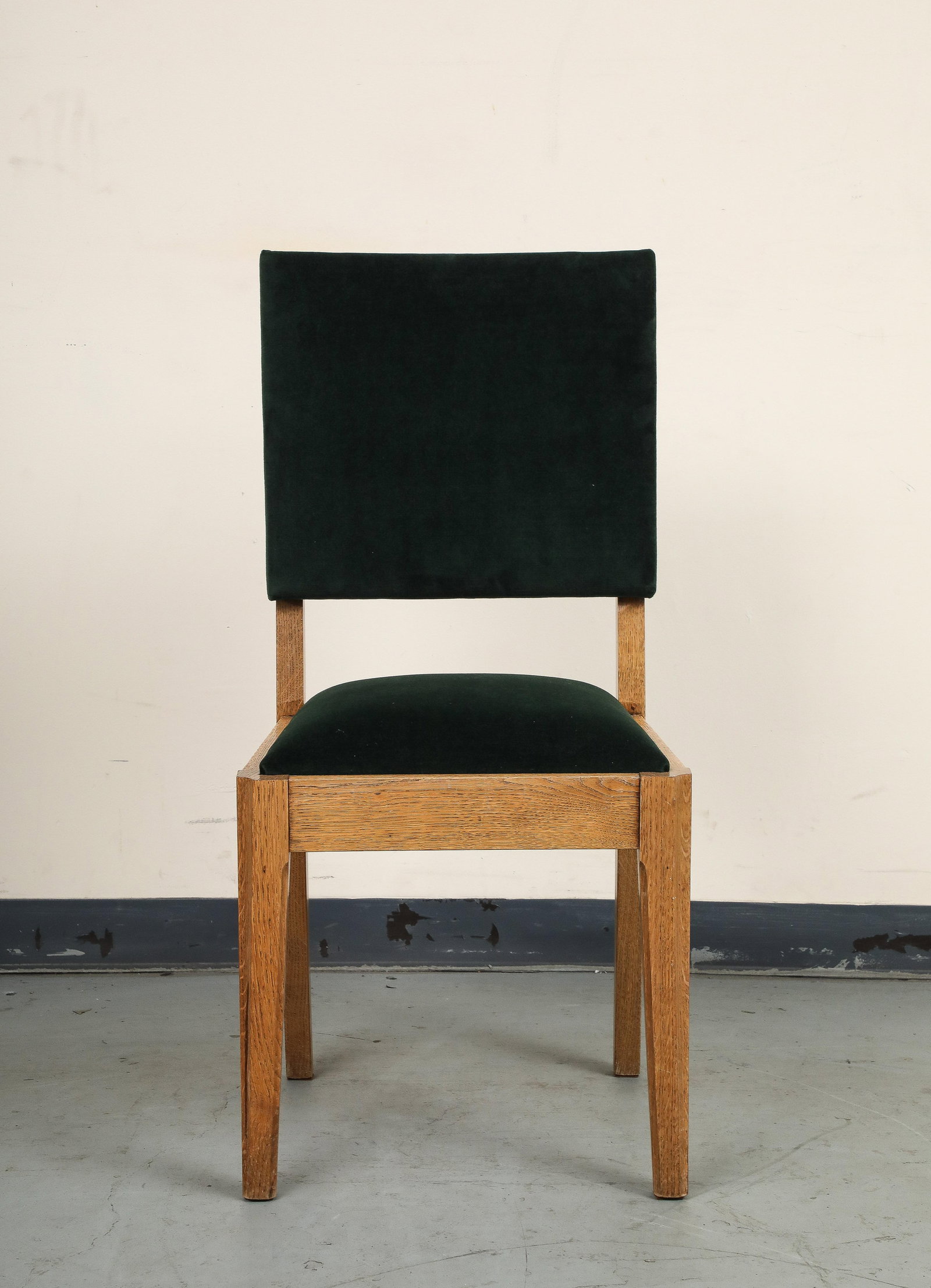 Set of Eight French Oak Dining Chairs in Forest Green Cotton Velvet, C. 1945 - 17