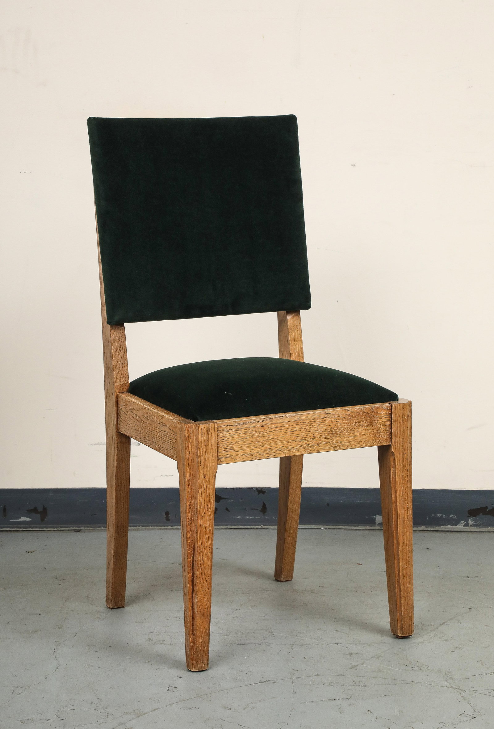 Set of Eight French Oak Dining Chairs in Forest Green Cotton Velvet, C. 1945 - 18