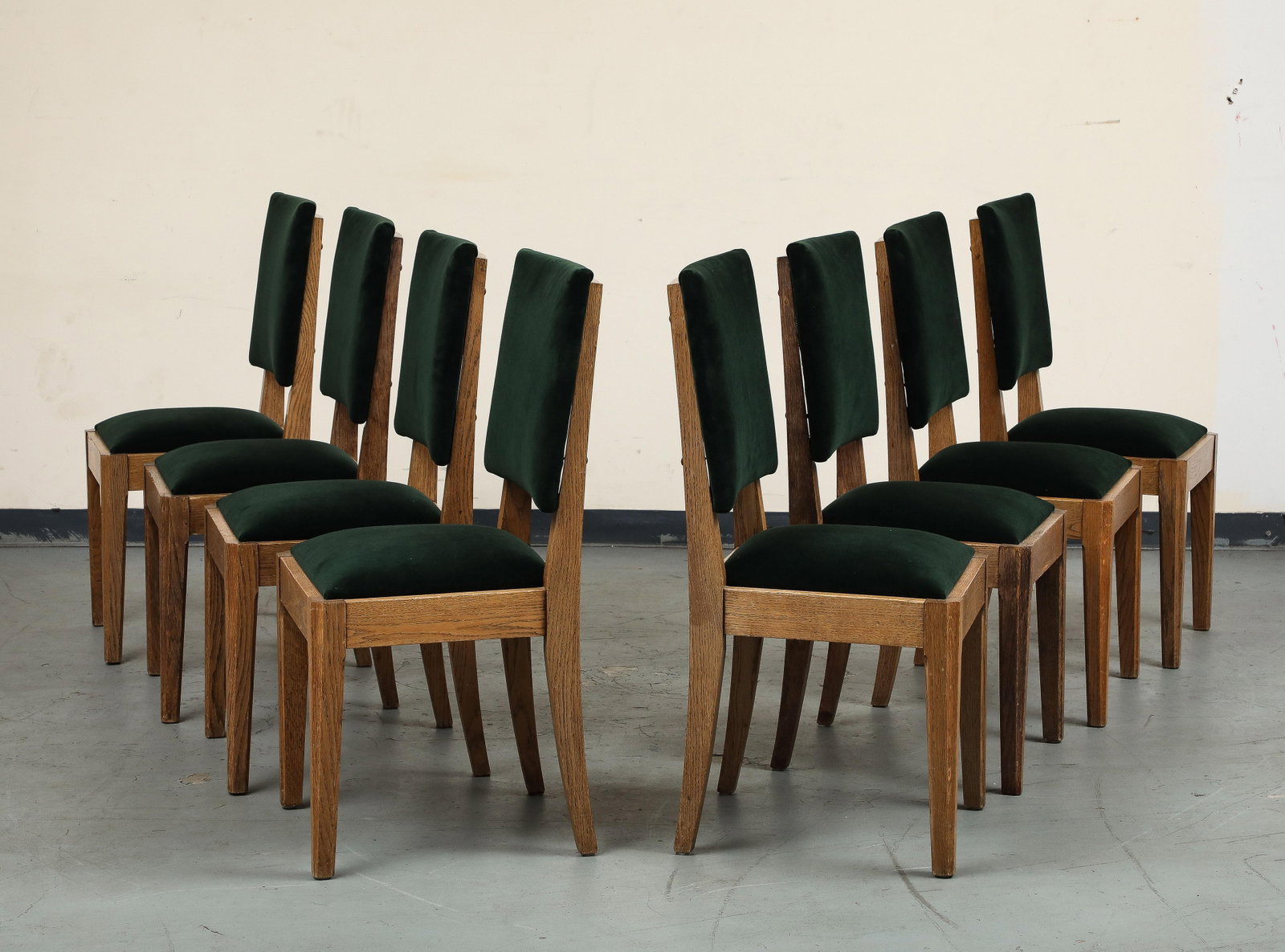 Set of Eight French Oak Dining Chairs in Forest Green Cotton Velvet, C. 1945 - 2