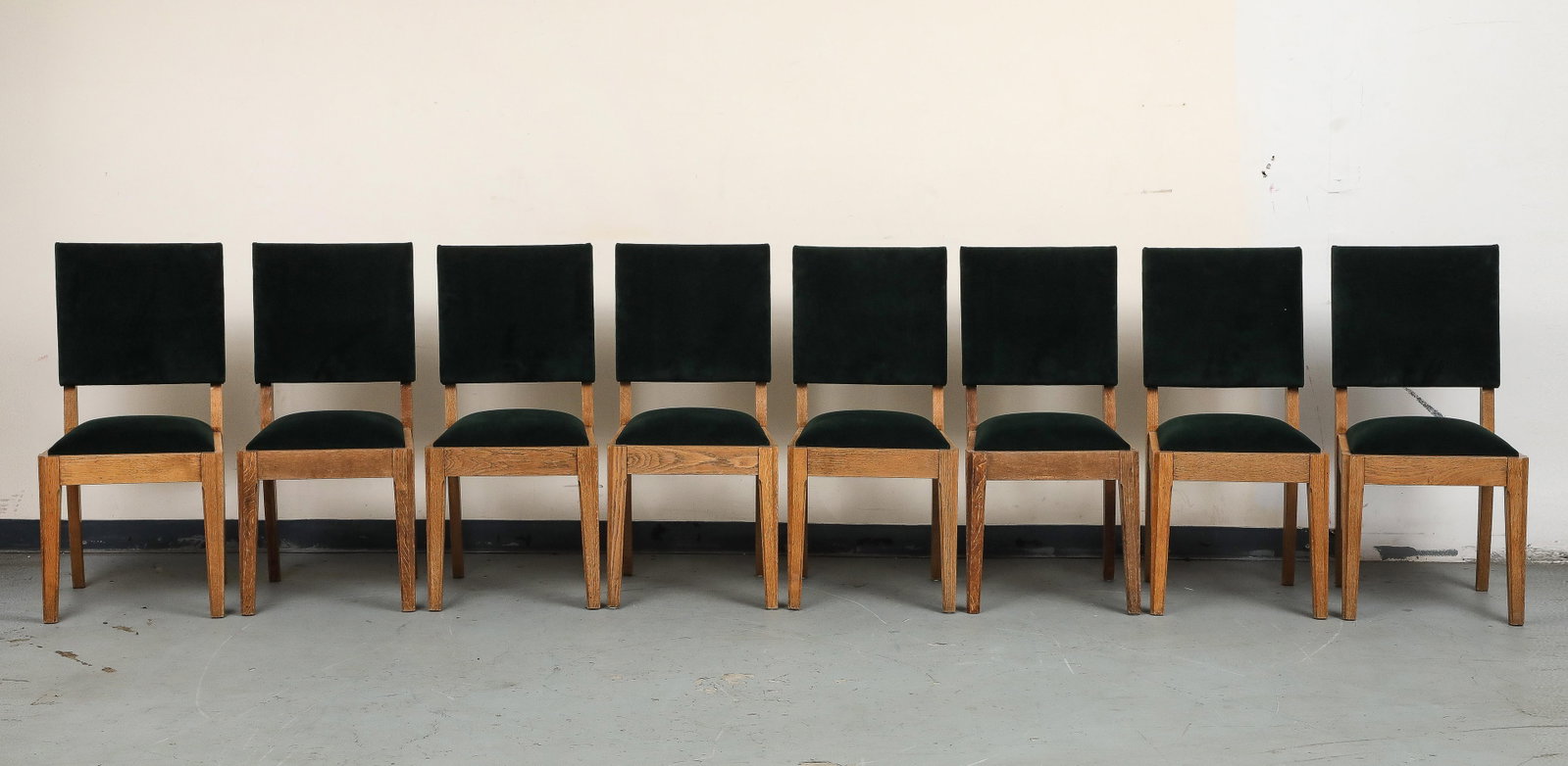 Set of Eight French Oak Dining Chairs in Forest Green Cotton Velvet, C. 1945 - 3