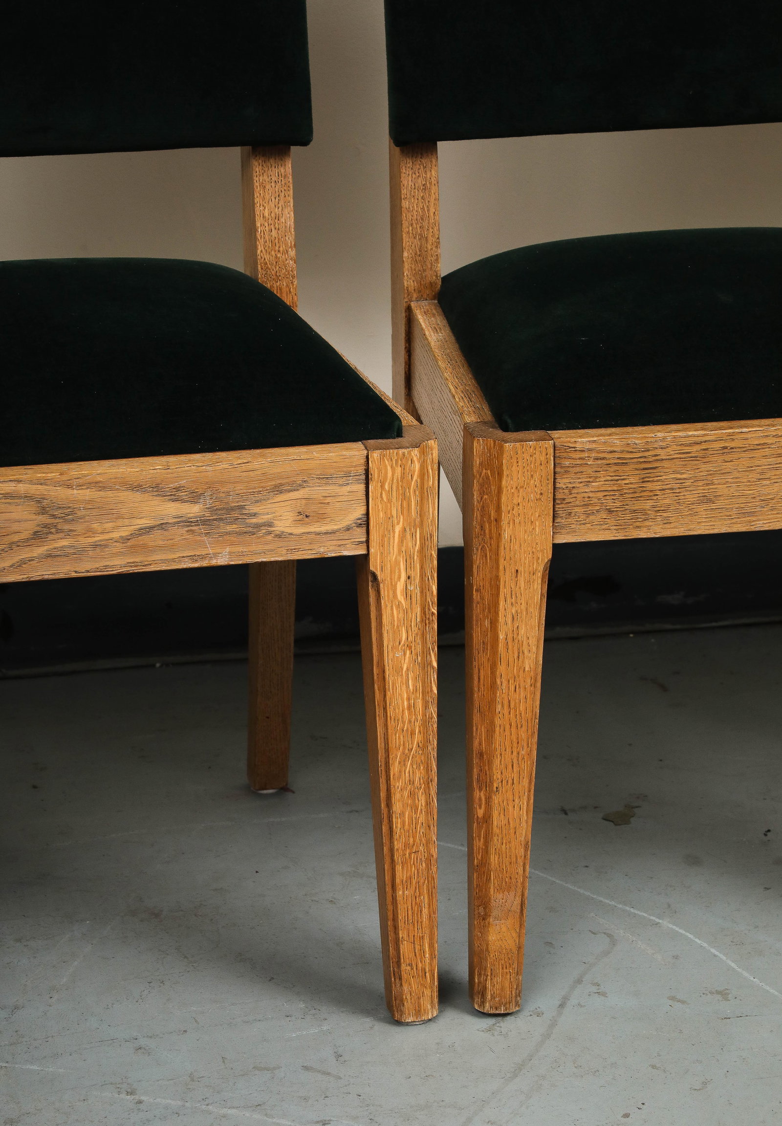 Set of Eight French Oak Dining Chairs in Forest Green Cotton Velvet, C. 1945 - 4