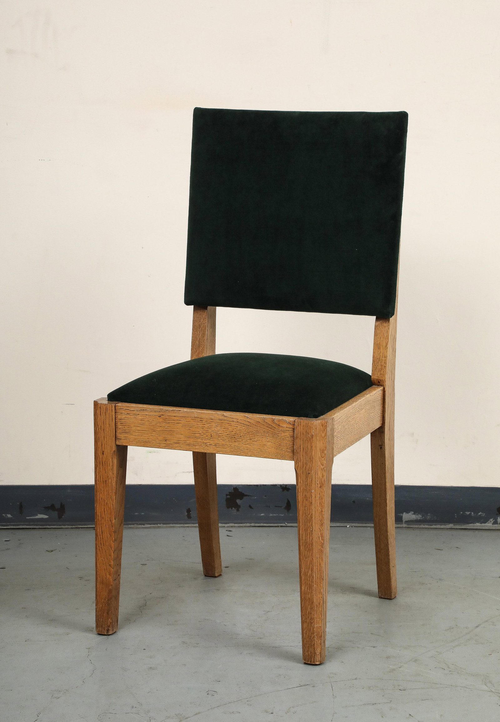 Set of Eight French Oak Dining Chairs in Forest Green Cotton Velvet, C. 1945 - 5
