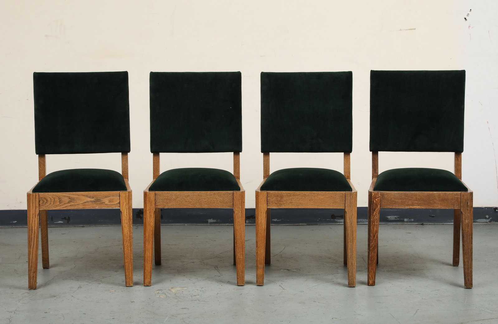 Set of Eight French Oak Dining Chairs in Forest Green Cotton Velvet, C. 1945 - 6
