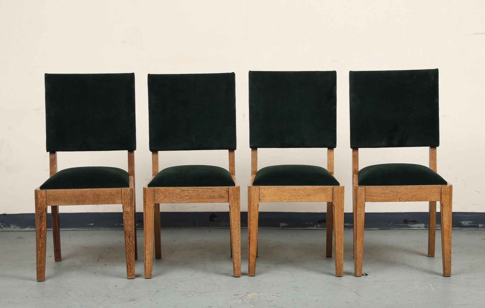 Set of Eight French Oak Dining Chairs in Forest Green Cotton Velvet, C. 1945 - 7
