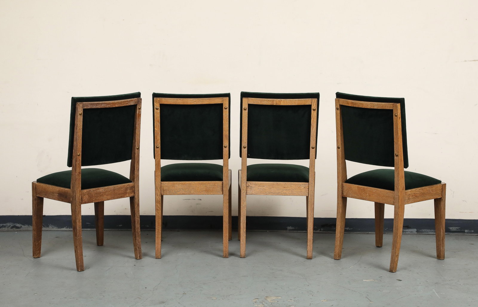 Set of Eight French Oak Dining Chairs in Forest Green Cotton Velvet, C. 1945 - 8