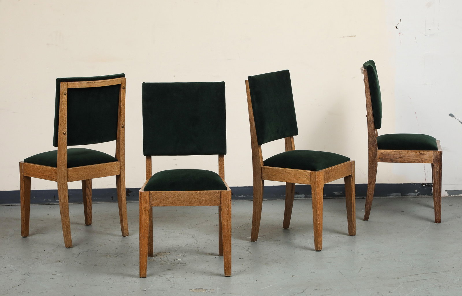 Set of Eight French Oak Dining Chairs in Forest Green Cotton Velvet, C. 1945 - 9