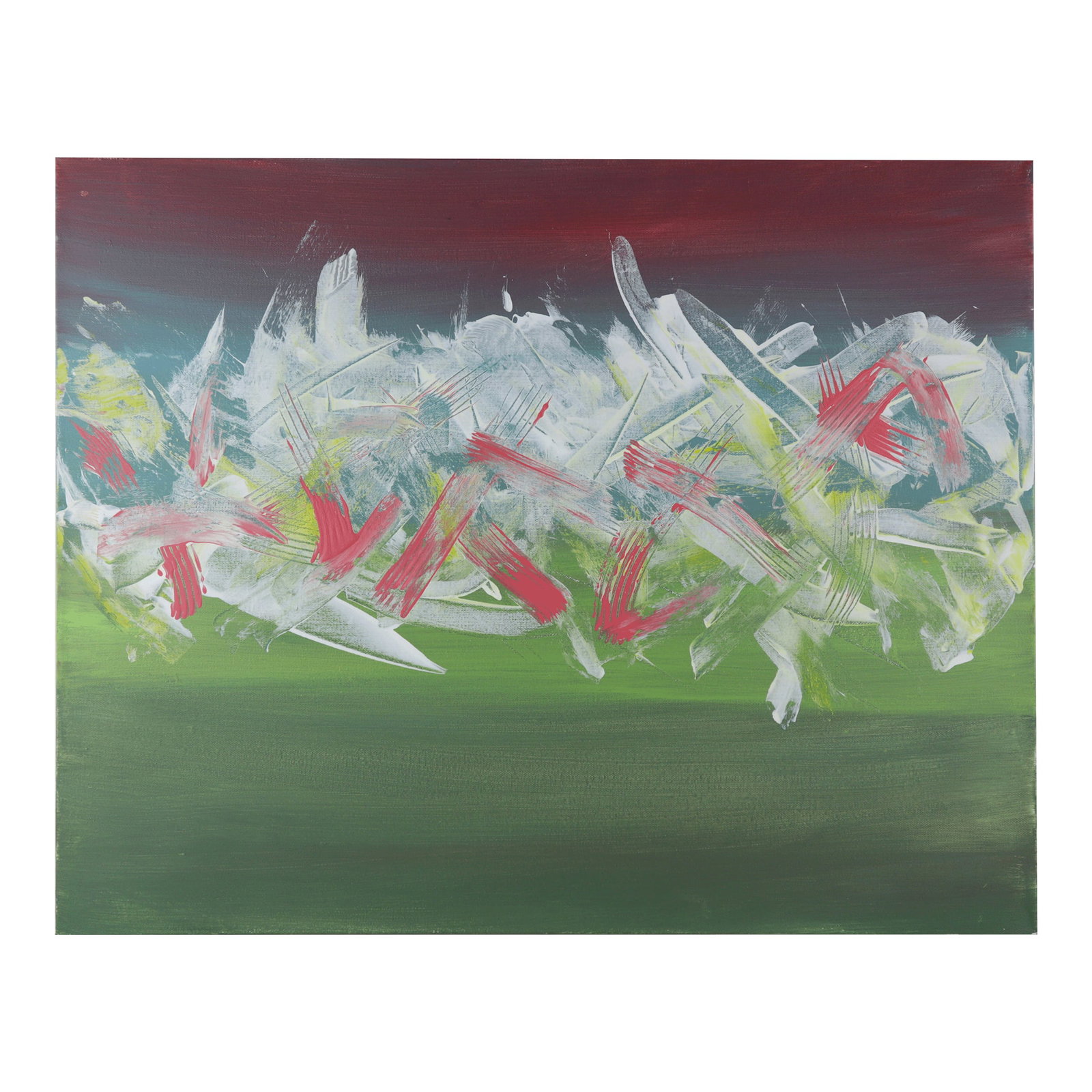 Crimson Horizon Contemporary Abstract Mixed-Media Painting: This compelling modern art piece features a bold, multi-layered composition that juxtaposes a serene, structured background with a center of high-energy movement. The canvas is divided into horizontal