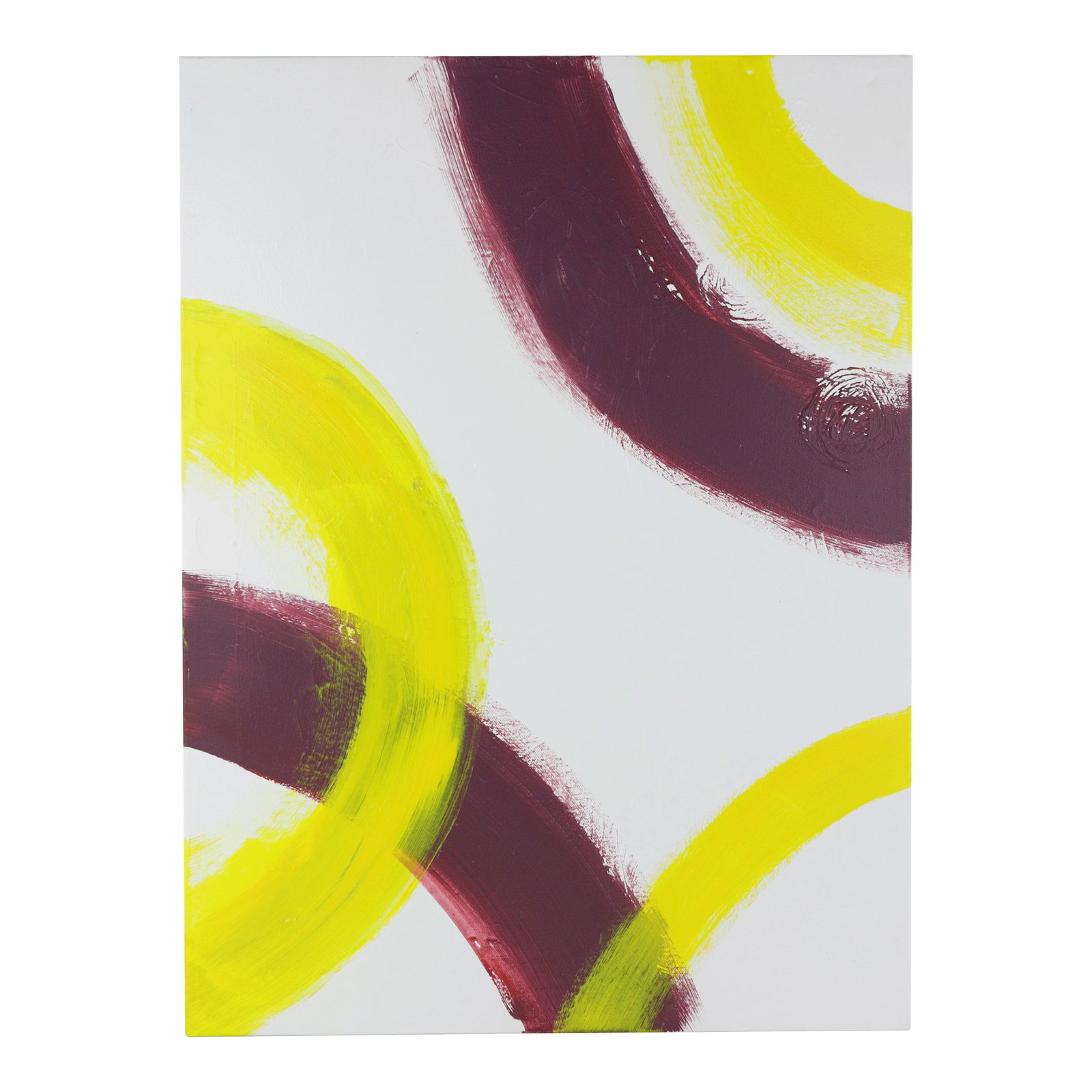 Solar Echo Contemporary Abstract Geometric Painting: This striking modern art piece utilizes a minimalist white background to emphasize a dynamic interplay of bold, sweeping arcs. The composition features overlapping circular forms in a high-contrast