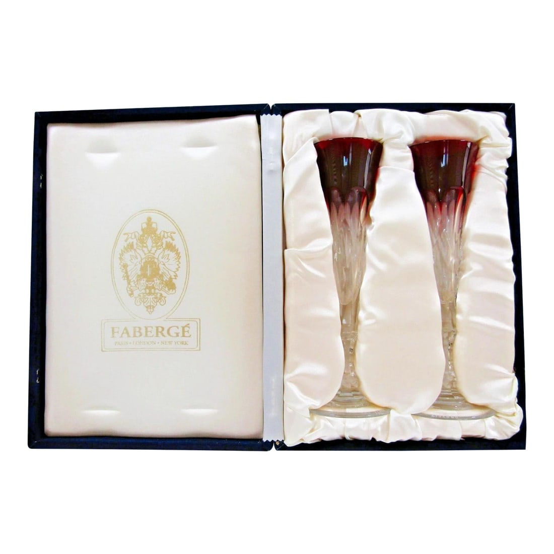 1980s Faberge Xenia Ruby Red Crystal Champagne Flutes - Set of Two With Presentation Box (1 of 11)