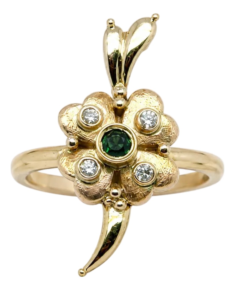 Keith Davis Pendant Ring, Size 7.5: Keith Davis 14k yellow gold Pendant that converts to a ring, set with 0.10 carats of round brilliant diamonds and one chrome tourmaline. 7.15 grams. Condition: Imperfections: No Imperfections Origin: