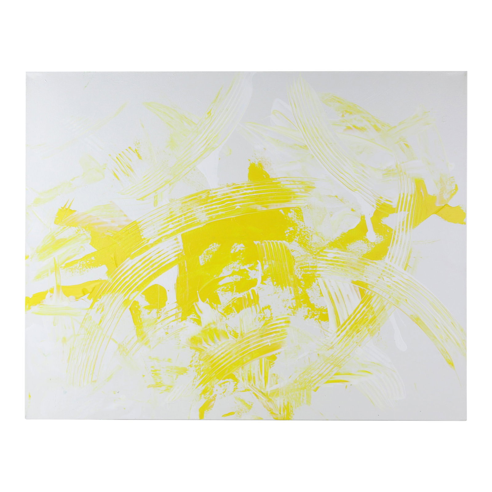Citrus Burst Contemporary Abstract Expressionist Painting: This vibrant modern art piece radiates energy and light through a dynamic exploration of bright lemon yellow and crisp white. The composition features bold, sweeping arcs and textured brushwork that