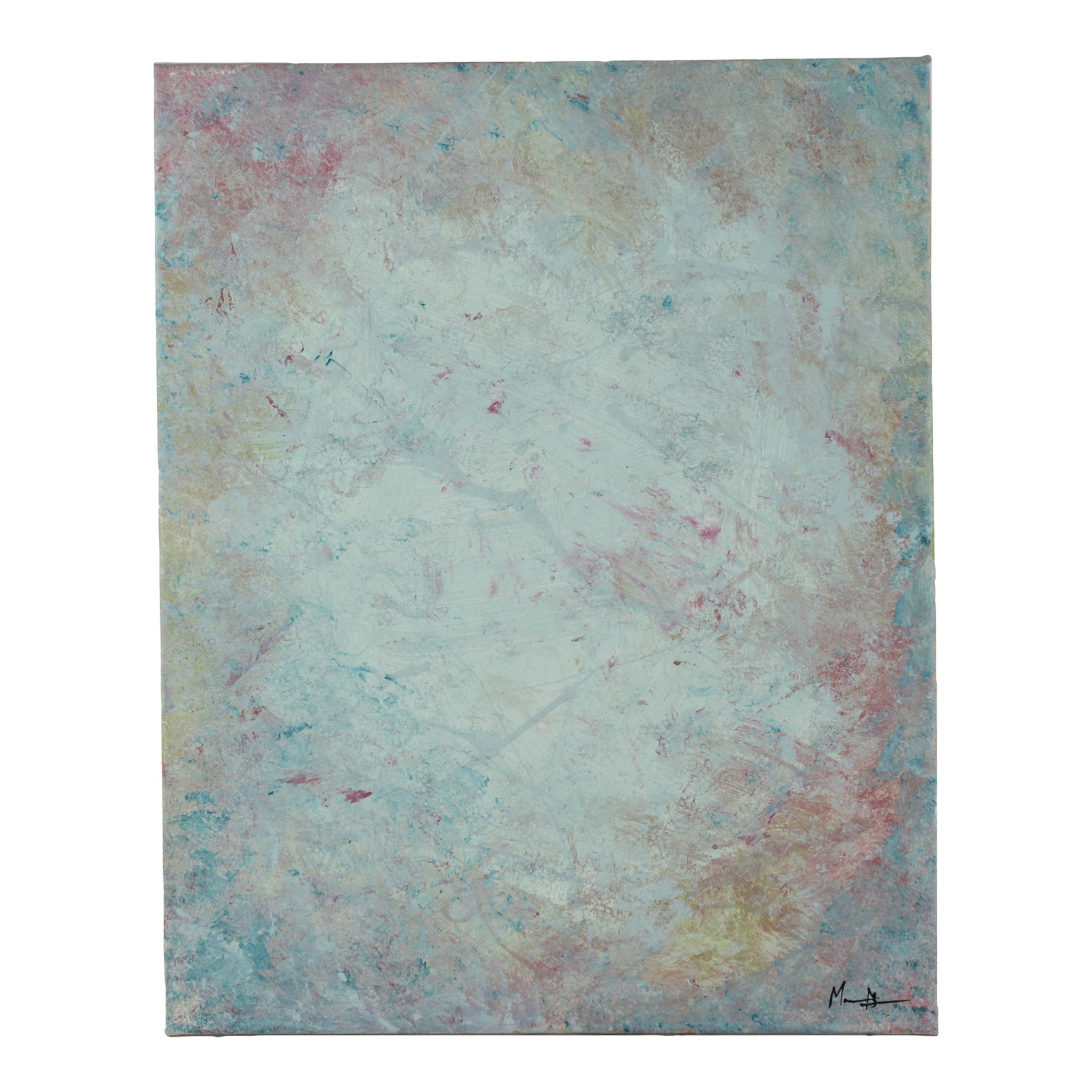 Morning Mist Contemporary Pastel Abstract Mixed-Media Painting: This original modern art piece features a serene, ethereal composition characterized by a luminous, light-blue center that gently transitions into a textured border of soft rose, muted gold, and seafo