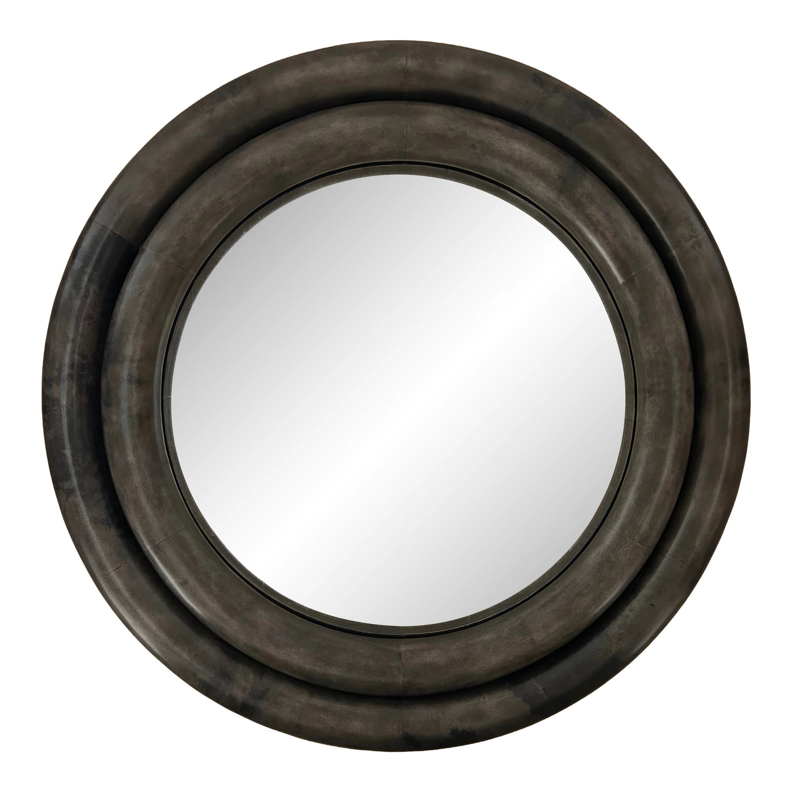 Monumental Dark Grey Chunky Round Mirror by Julian Chichester: Very large striking round mirror having convex mirror surrounded by chunky grey wood or faux shagreen frame in classic sophisticated design typical of Julian Chichester . Mirror itself is slightly