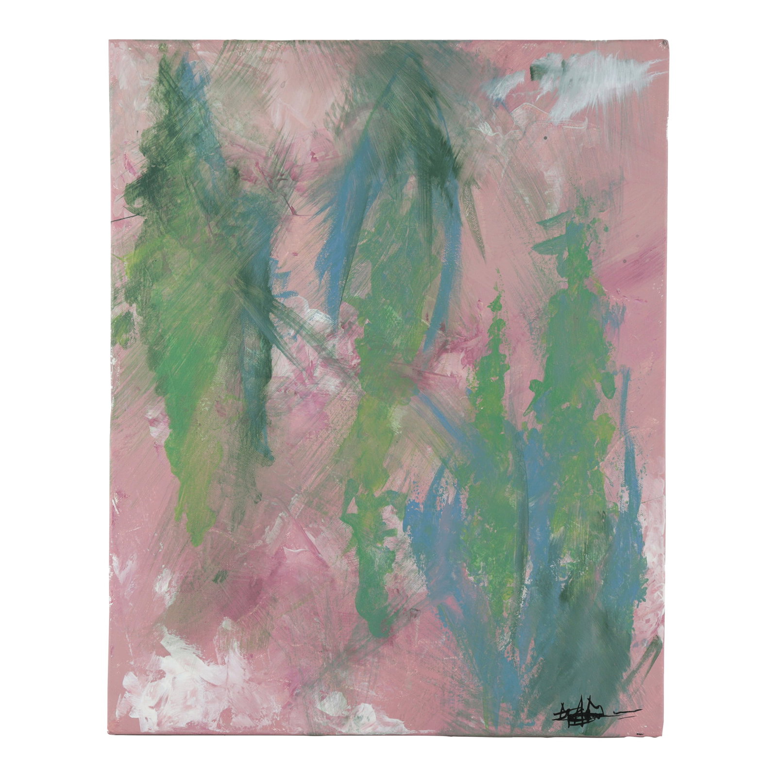 Rose Garden Contemporary Abstract Impressionist Painting: This original modern art piece features a vibrant, multi-layered composition that suggests a lush, abstract garden through a palette of soft rose pink, forest green, and sky blue. The artwork is