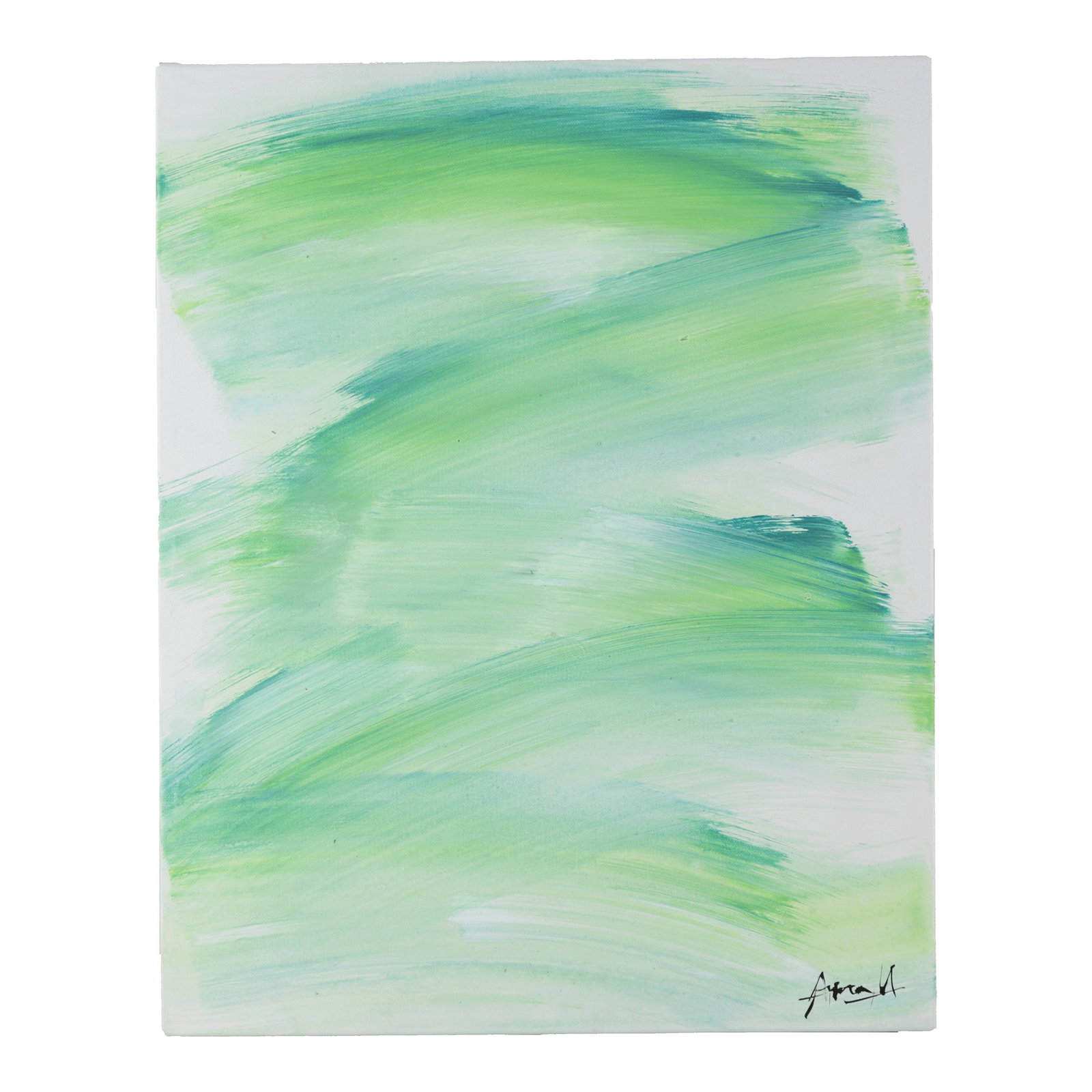 Emerald Tide Contemporary Abstract Minimalist Painting: This original modern artwork features a serene, rhythmic composition of broad, sweeping brushstrokes in a vibrant palette of seafoam green, emerald, and lime. The horizontal and diagonal movement of