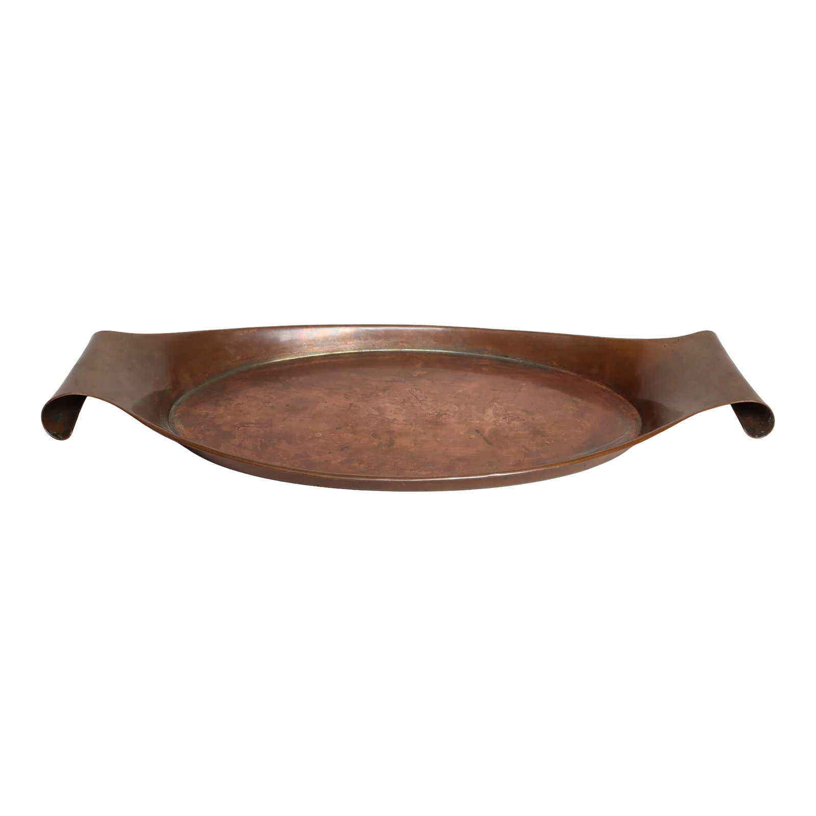 Sculptural Arts and Crafts Copper Gondola Oval Tray Attributed to w.a.s. Benson: Sculptural Arts & Crafts copper oval/gondola-form tray with scroll handles attributed to William Arthur Smith Benson (W.A.S. Benson), ca. 1900-1909, USA. Natural patina/wear present consistent with ag