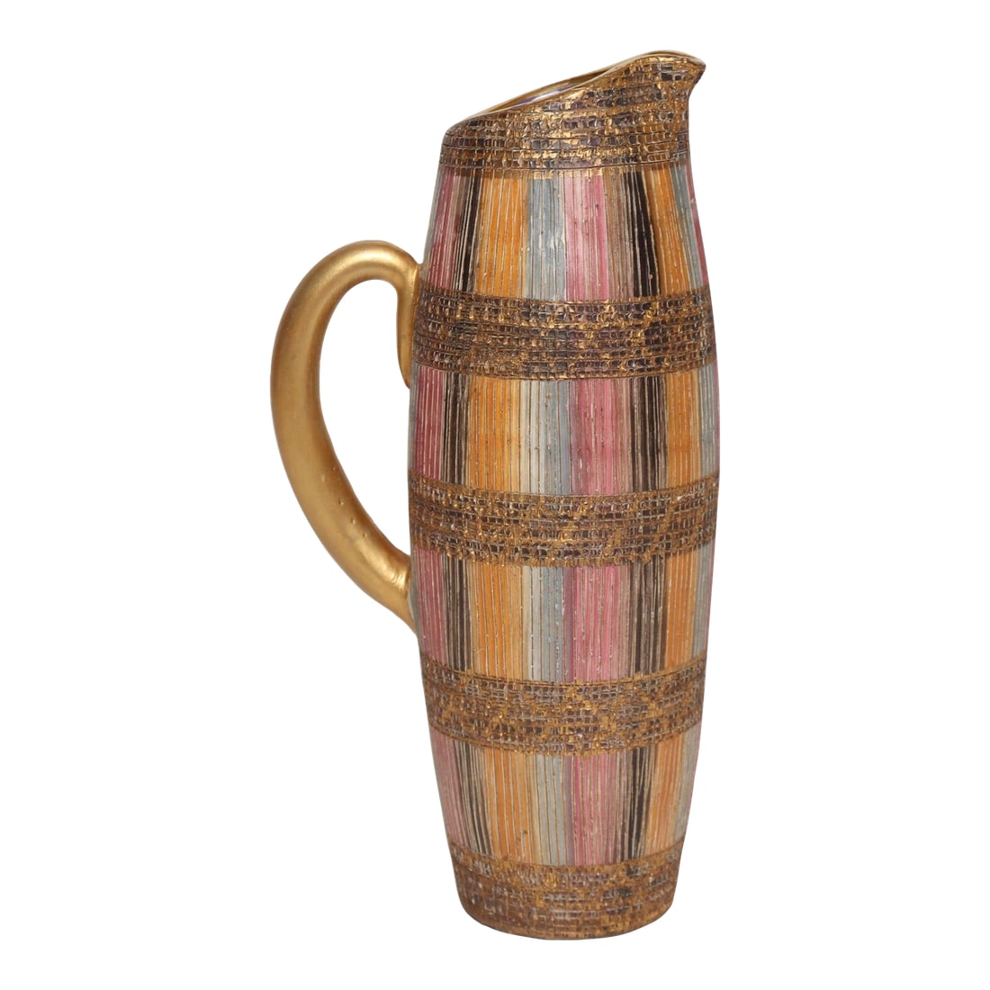 Vintage Italian Modernist Gilt Ceramic "Seta" Pitcher by Aldo Londi for Bitossi: Luxurious vintage ceramic jug/pitcher with sculptural handle from the Seta (silk) line designed by Aldo Londi for Bitossi (ca. 1960s, Italy). Composed of rose, orange, light blue, and black color bloc